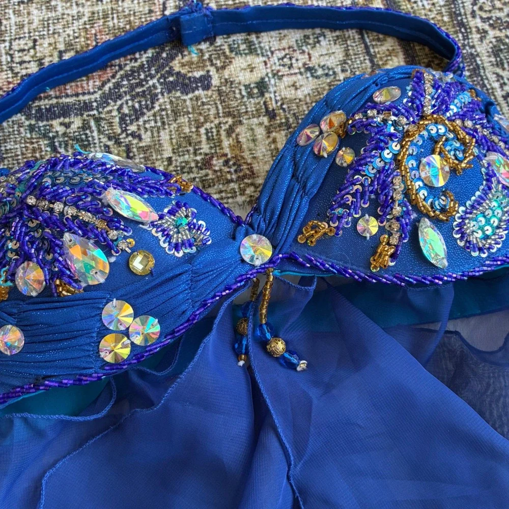 Hand Beaded Bedlah Blue Belly Dancing Costume Set Bra Top and Harem Pants
